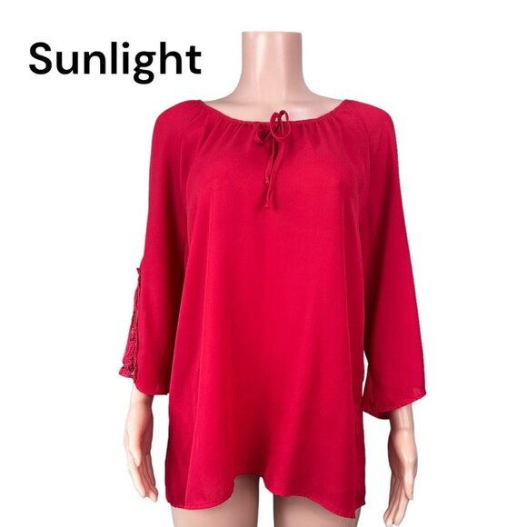 Tacera Womens SZ 1X Red Chiffon Blouse -Lace 3/4 Sleeve-Bow Tie -Round Neck - Picture 2 of 14